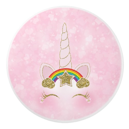 Pink Hearts Gold Rainbow Star Unicorn Horn Face Ceramic Knob