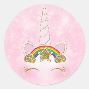 Pink Hearts Gold Rainbow Star Unicorn Horn Face Classic Round Sticker