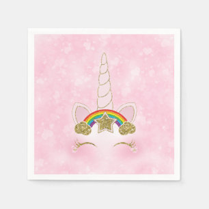 Pink Hearts Gold Rainbow Star Unicorn Horn Face Napkins