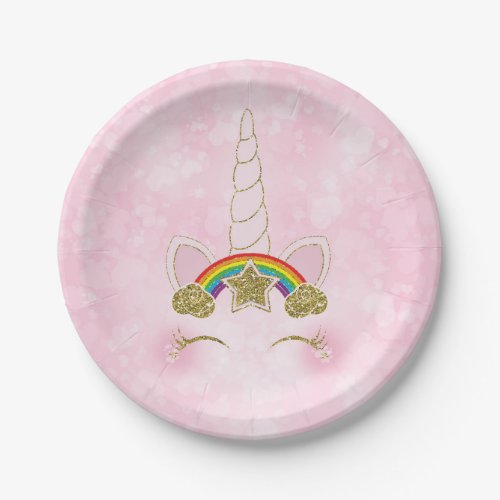Pink Hearts Gold Rainbow Star Unicorn Horn Face Paper Plates