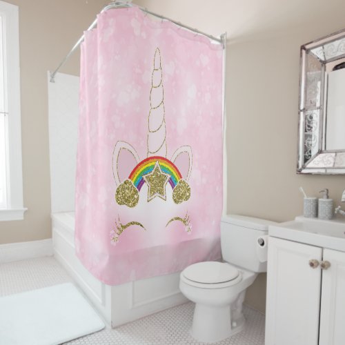 Pink Hearts Gold Rainbow Star Unicorn Horn Face Shower Curtain