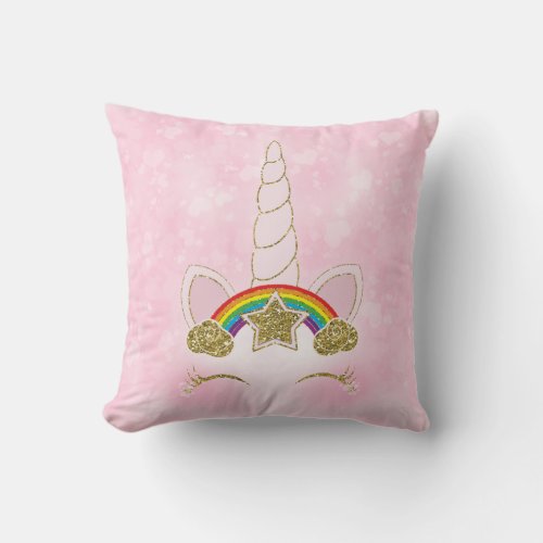 Pink Hearts Gold Rainbow Star Unicorn Horn Face Throw Pillow