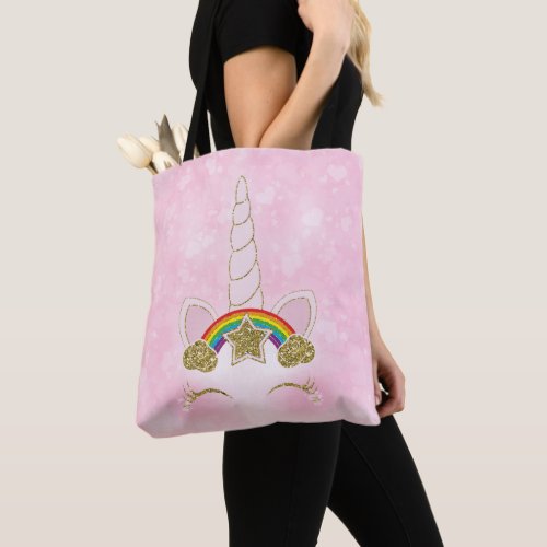 Pink Hearts Gold Rainbow Star Unicorn Horn Face Tote Bag