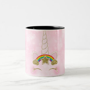 Pink Hearts Gold Rainbow Star Unicorn Horn Face Two-Tone Coffee Mug