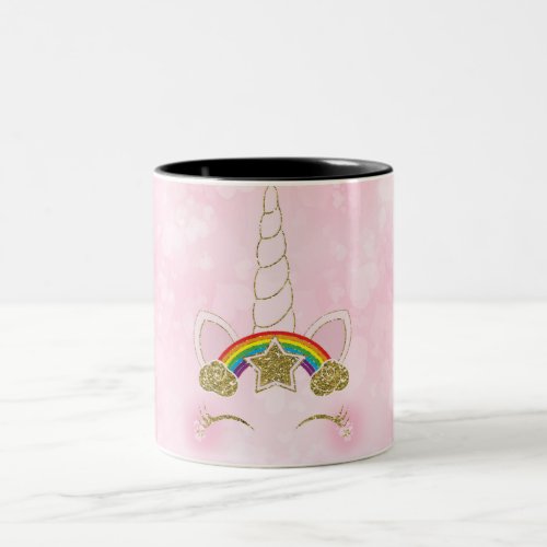 Pink Hearts Gold Rainbow Star Unicorn Horn Face Two_Tone Coffee Mug