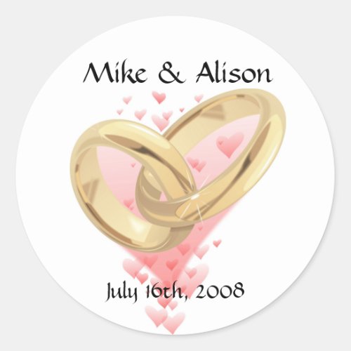 Pink Hearts  Gold Rings Wedding Stickers