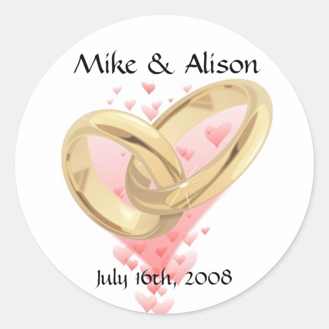 Pink Hearts & Gold Rings Wedding Stickers (Front)