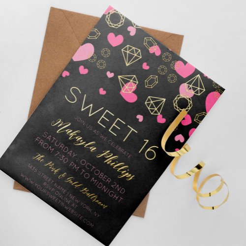 Pink Hearts  Golden Gems Sweet 16 Foil Invitation