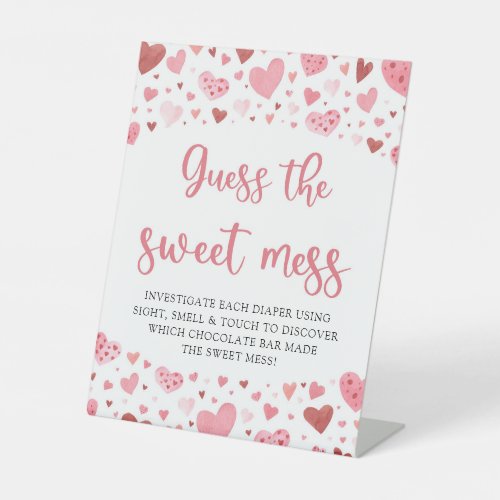 Pink Hearts Guess the Sweet Mess Baby Shower Game Pedestal Sign