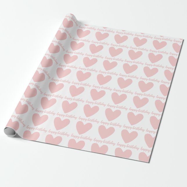 Pink Hearts Happy Birthday Wrapping Paper (Unrolled)