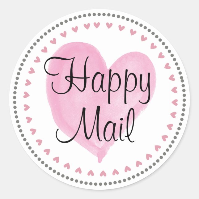Pink Hearts Happy Mail Classic Round Sticker (Front)
