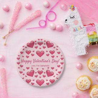 Pink Hearts Happy Valentine's Day &amp; Custom Text Paper Plates