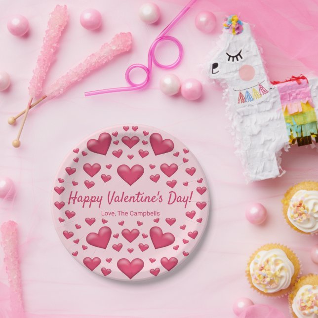 Pink Hearts Happy Valentine's Day & Custom Text Paper Plates (Party)