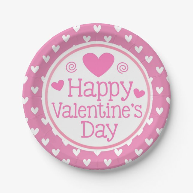 Pink Hearts Happy Valentines Day Kids Party Paper Plates (Front)