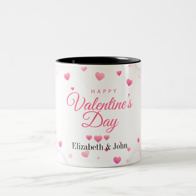 Pink Hearts Happy Valentine's Day  Two-Tone Coffee Mug (Center)