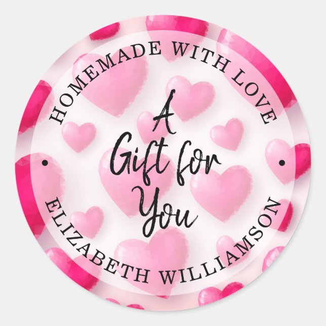 Pink Hearts Homemade with Love Classic Round Sticker (Front)