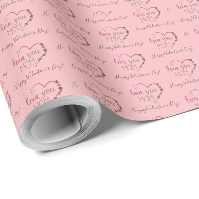 Pink Hearts I love You Mom Valentine's Day Wrapping Paper (Roll Corner)