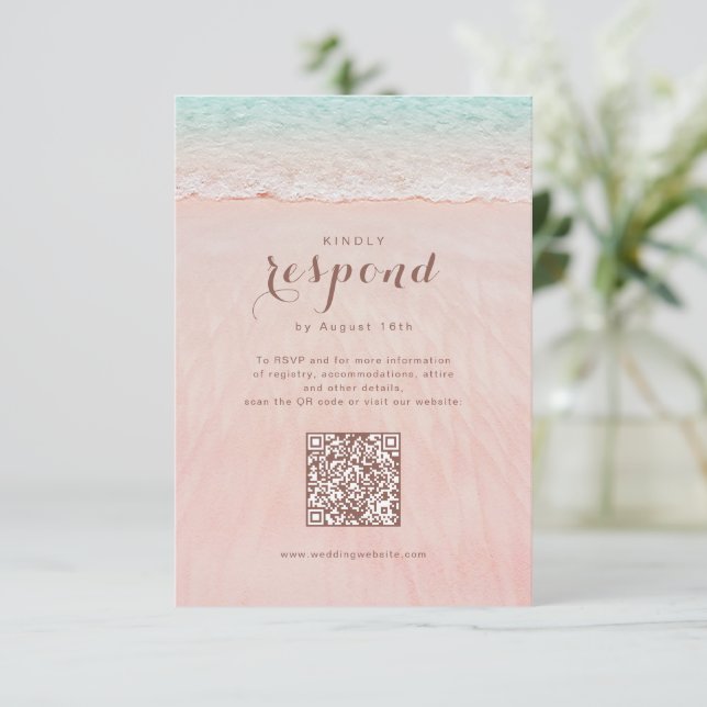 Pink hearts in the sand beach wedding QR code  RSVP Card (Standing Front)