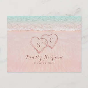 Pink hearts in the sand beach wedding RSVP Invitation Postcard