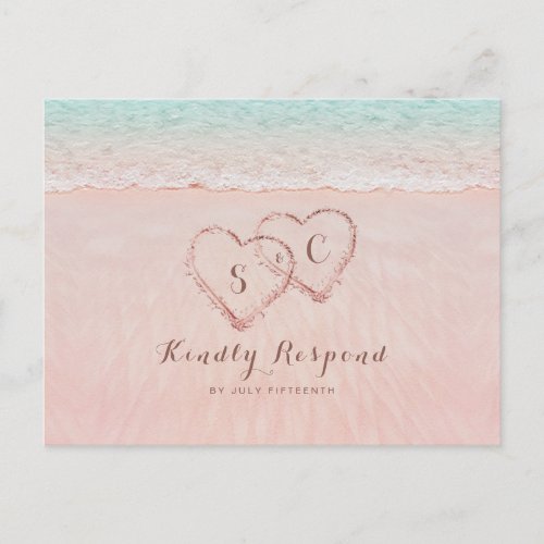 Pink hearts in the sand beach wedding RSVP Invitation Postcard