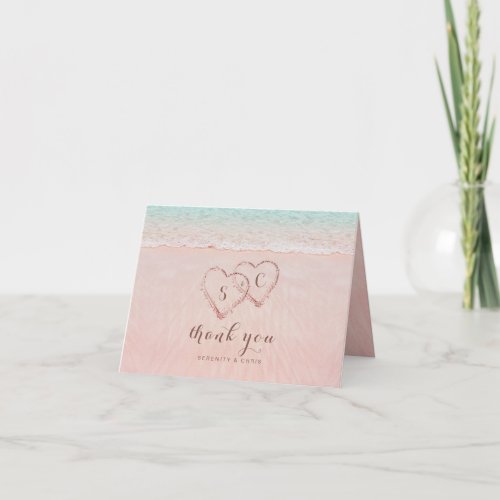 Pink hearts in the sand destination beach thank you card