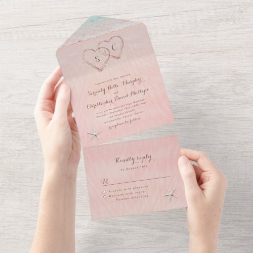 Pink hearts in the sand destination beach wedding all in one invitation