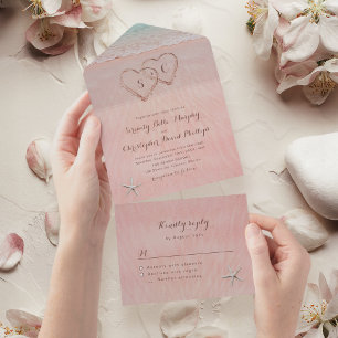 Pink hearts in the sand destination beach wedding all in one invitation