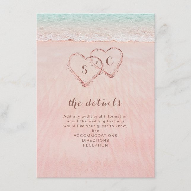 Pink hearts in the sand destination beach wedding enclosure card (Front)