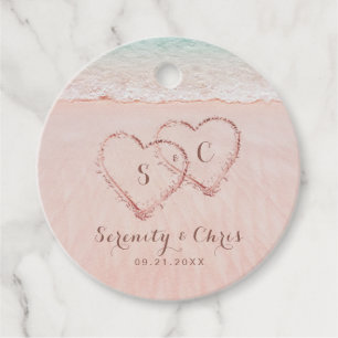 Pink hearts in the sand destination beach wedding favor tags