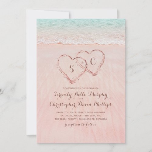 Pink hearts in the sand destination beach wedding invitation