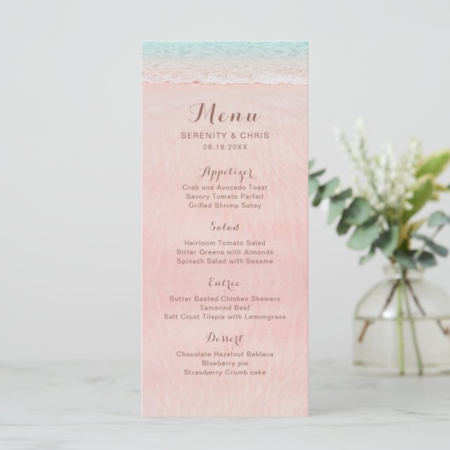 Pink hearts in the sand destination beach wedding menu (Standing Front)