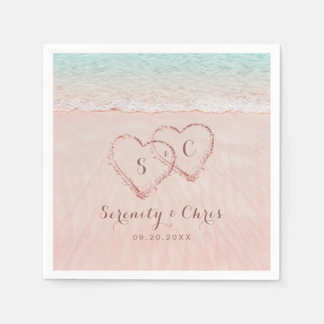 Pink hearts in the sand destination beach wedding napkins (Front)