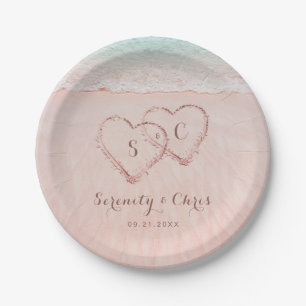 Pink hearts in the sand destination beach wedding paper plates