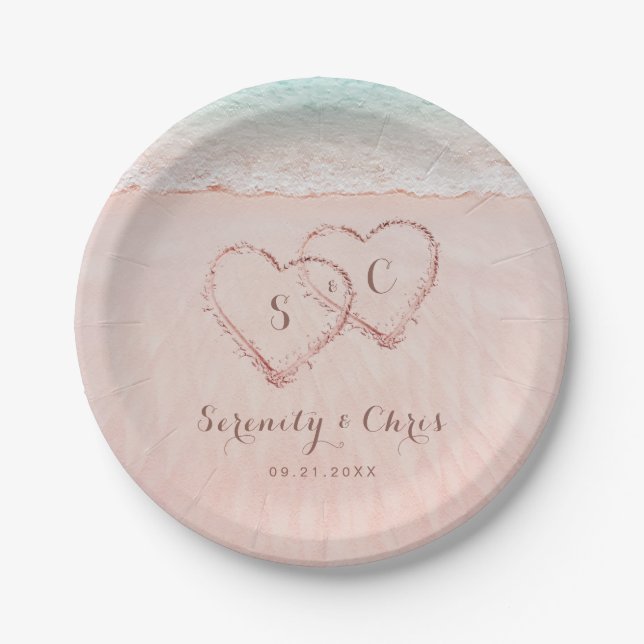 Pink hearts in the sand destination beach wedding paper plates (Front)