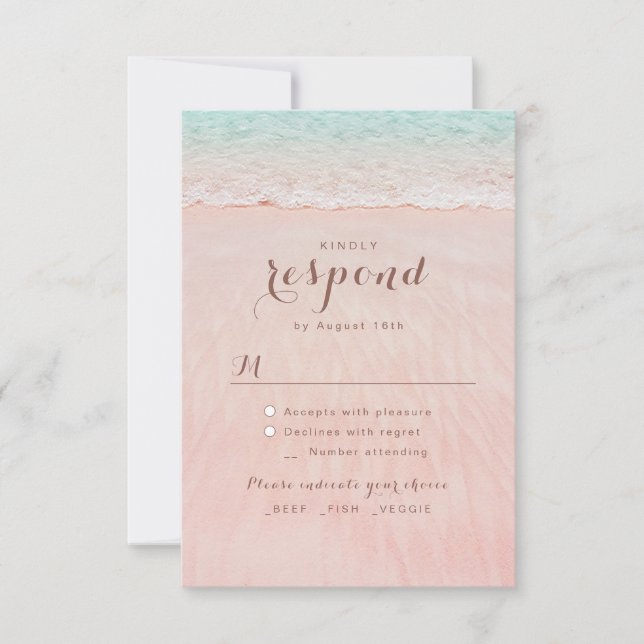 Pink hearts in the sand destination beach wedding RSVP card (Front)