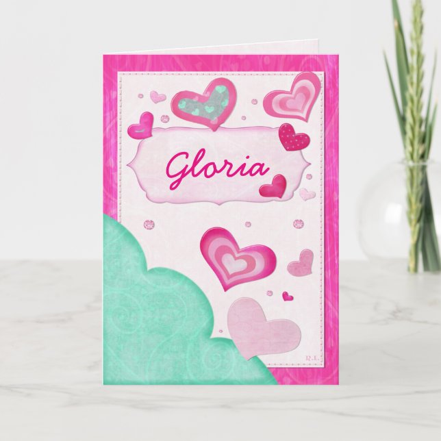 Pink Hearts Jeweled Custom Birthday Valentine Holiday Card (Front)