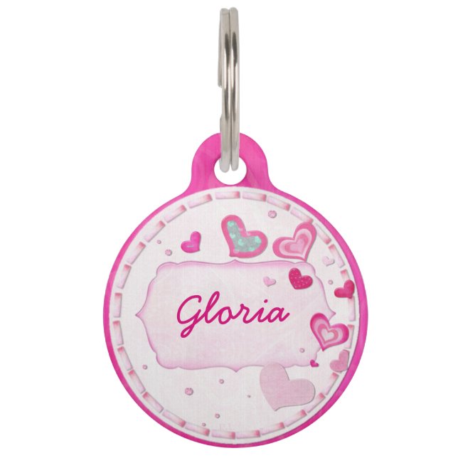 Pink Hearts Jeweled PERSONALIZED CONTACT Pet Name Tag (Front)