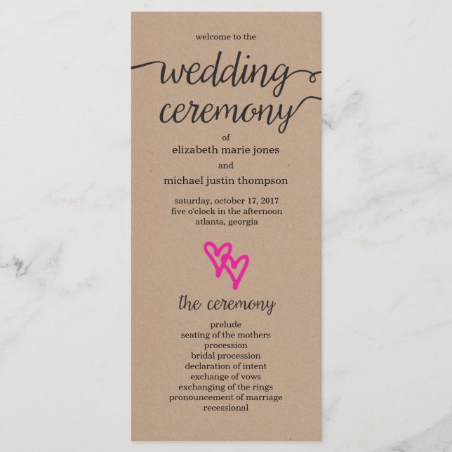 Pink Hearts Kraft Wedding Program (Front)