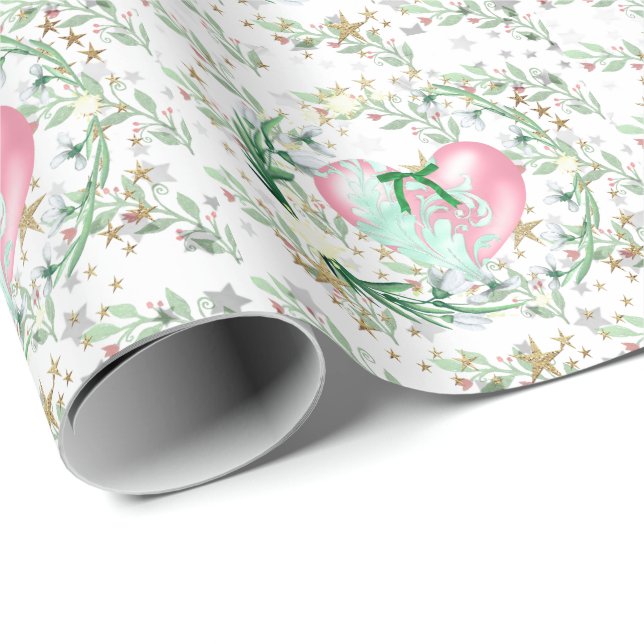 Pink Hearts & Leaves Wrapping Paper (Roll Corner)