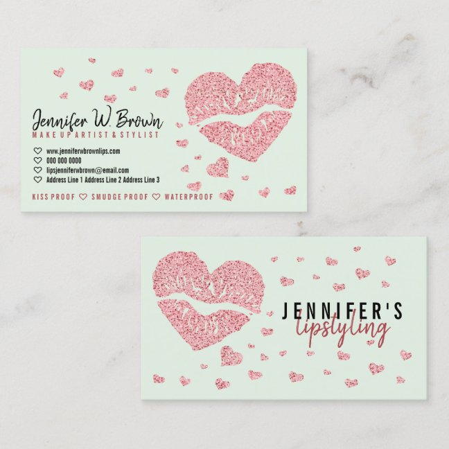 Pink Hearts Lips green Rose Gold Gloss Lipstick Business Card
