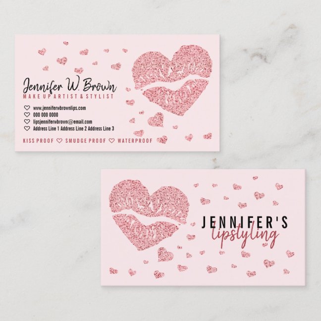Pink Hearts Lips Rose Gold Gloss Lipstick Business Card