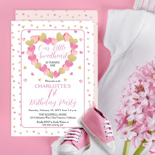 Pink Hearts Little Sweetheart 1st Birthday Party Invitation