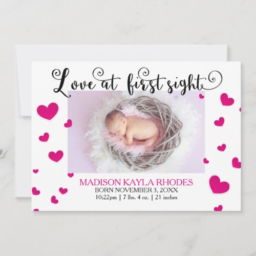 Pink Hearts Love at First Sight_Birth Announcement