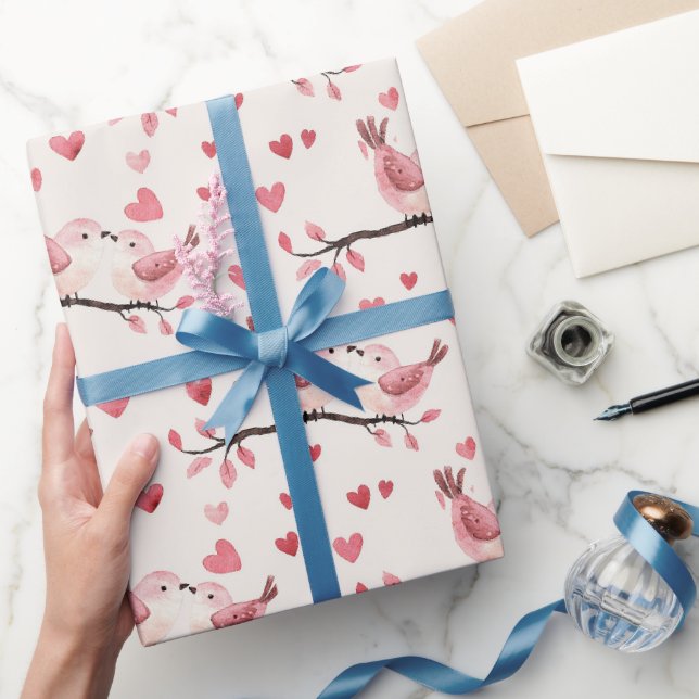 Pink Hearts Love Birds Valentine's Day Wedding Wrapping Paper (Gifting)