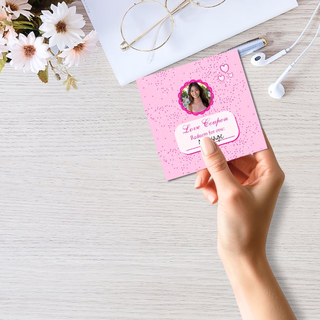 Pink Hearts Love Coupons with Photo Valentine Note Card (Creator Uploaded)