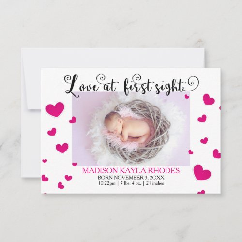 Pink Hearts Love First Sight_3x5Birth Announcement