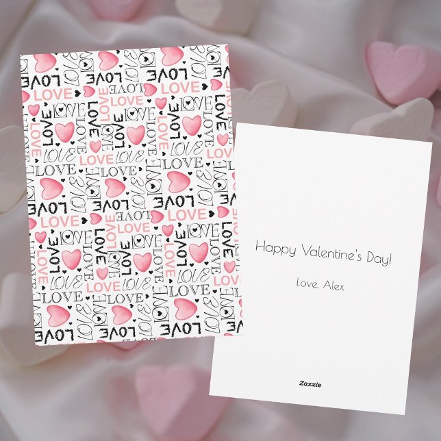 Pink Hearts Love Script Pattern Happy Valentine's  Holiday Card (Creator Uploaded)