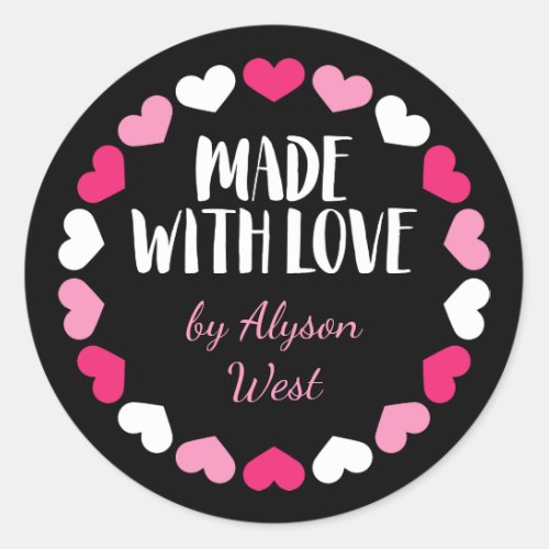 Pink Hearts Made with Love Custom Name Classic Round Sticker