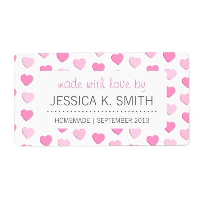 Pink Hearts Made with Love Homemade Canning Jar Label (Front)