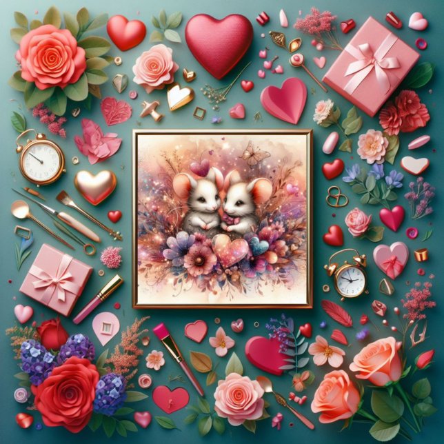 Pink Hearts Mice Christian Couples Valentine  Holiday Card (Creator Uploaded)